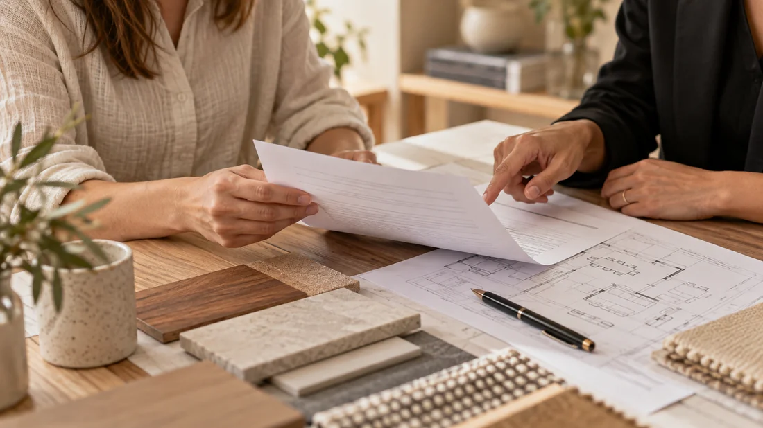 Cliente e profissional revisando um contrato de prestação de serviços junto a uma planta