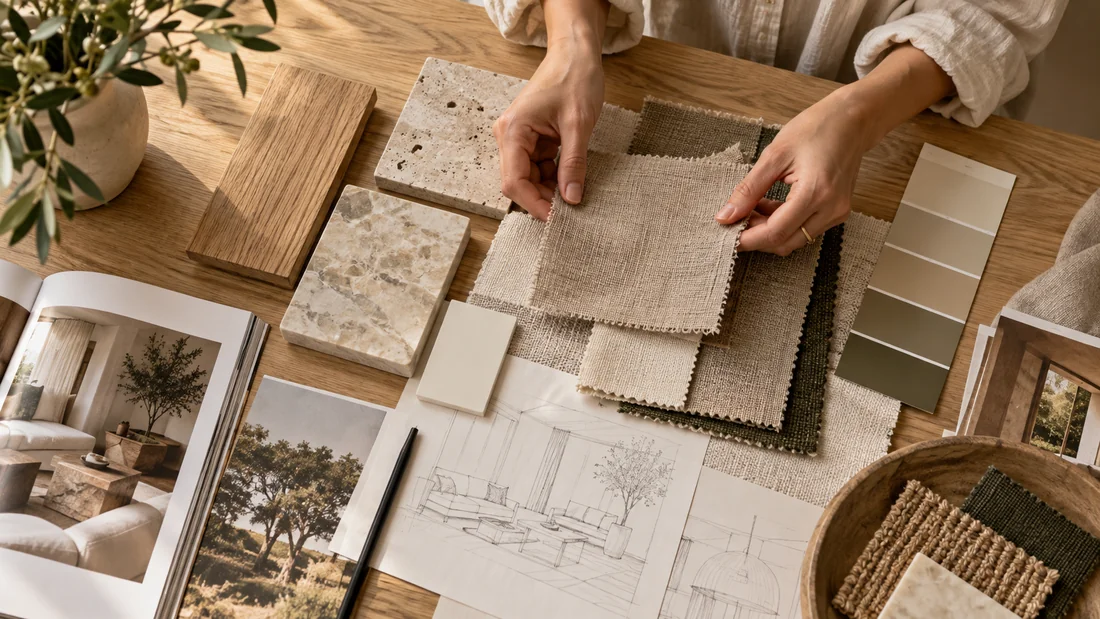 Mãos organizando amostras de tecidos, madeira, pedra e cores em um moodboard